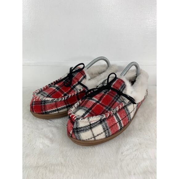 Sonoma Women’s Red Checkered Fur Slip-On Slippers Size 9-10 - Picture 1 of 9